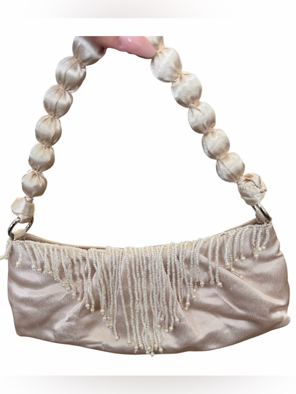 Beaded Fringe Satin Shoulder Bag in Champagne